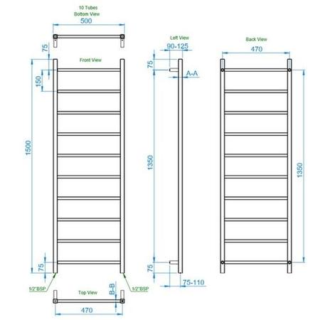 Diva Brushed Stainless Steel Heated Towel Rail - 1500 x 500mm