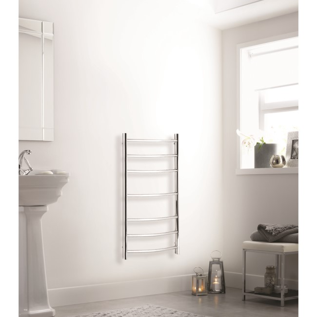 Polished Stainless Steel Vertical Curved Bathroom Towel Radiator 70W - 800 x 600mm - Electric