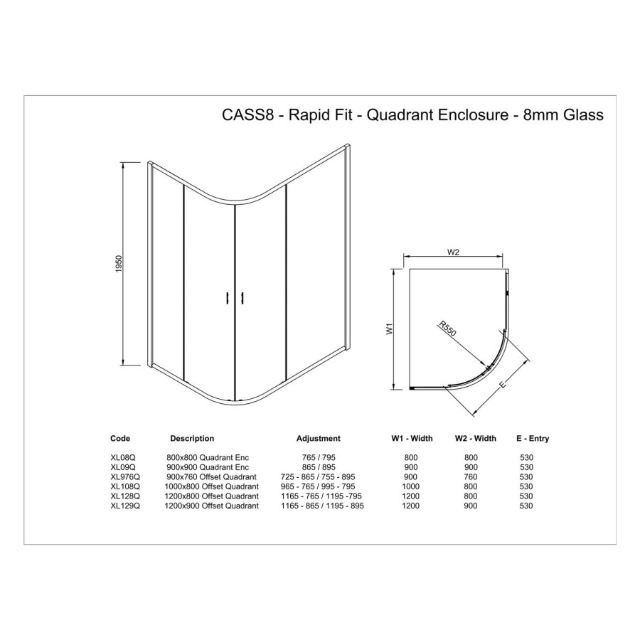 Claritas 8mm Glass Quadrant Shower Enclosure - 800 x 800mm