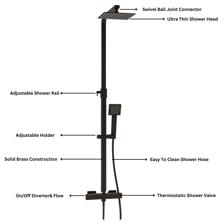 Black Thermostatic Bar Mixer Shower Set with Slide Rail Kit &  Hand Shower - Zana