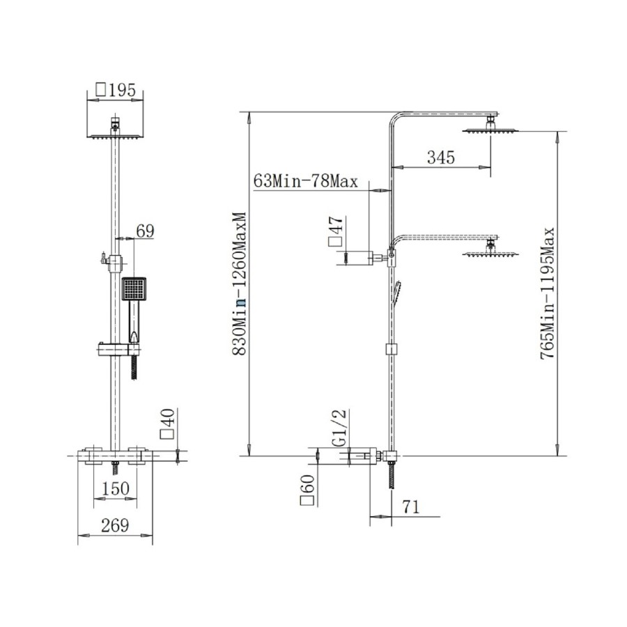 GRADE A2 - Black Thermostatic Mixer Shower with Square Overhead & Handset - Zana