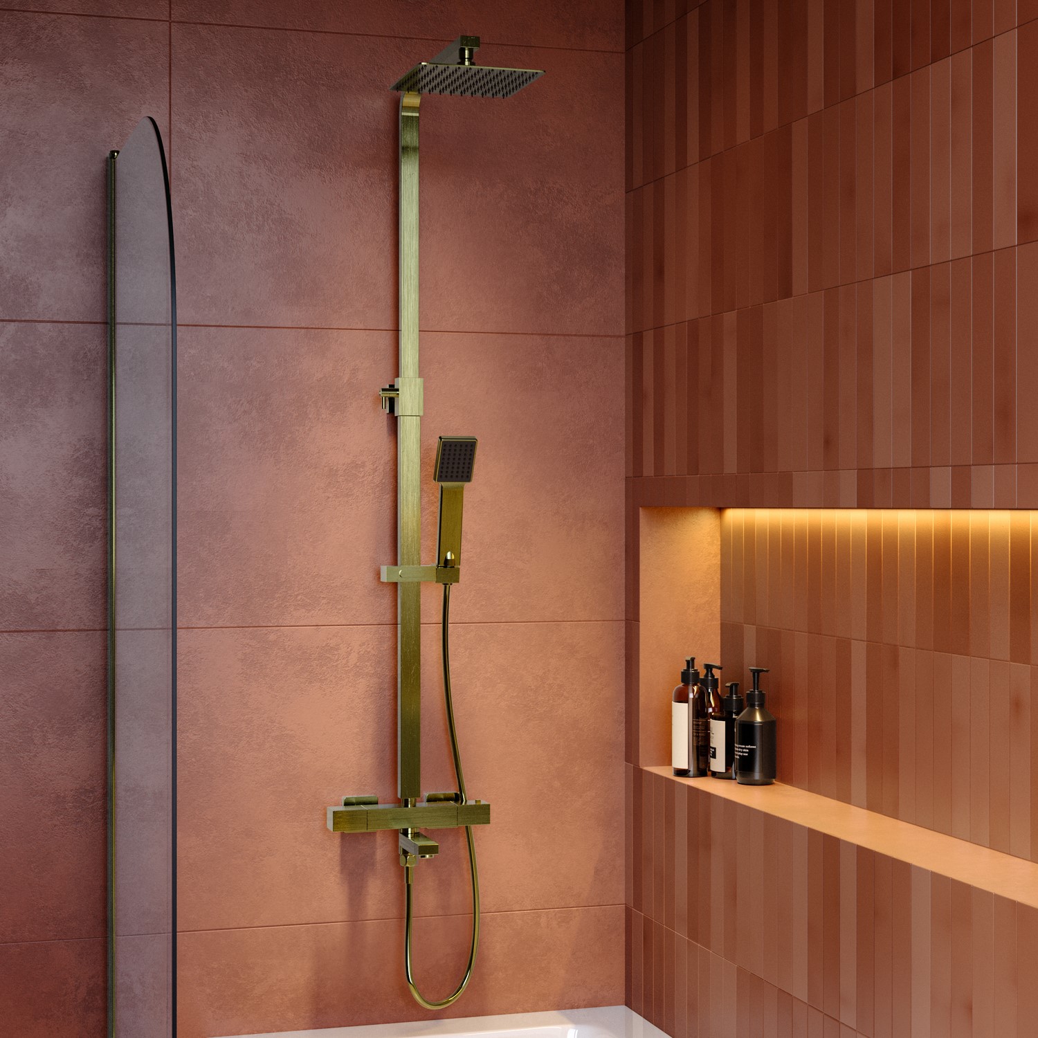 Zana Brass Brushed Square Thermostatic Bar Bath Mixer Shower Set With Bath Filler Spout Slide Rail Kit & Hand Shower