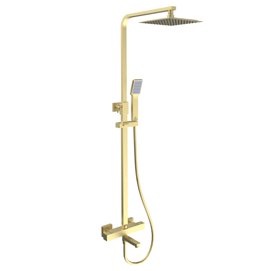 Brushed Brass Square Thermostatic Bar Bath Mixer Shower Set with Bath Filler Spout  Slide Rail Kit & Hand Shower - Zana