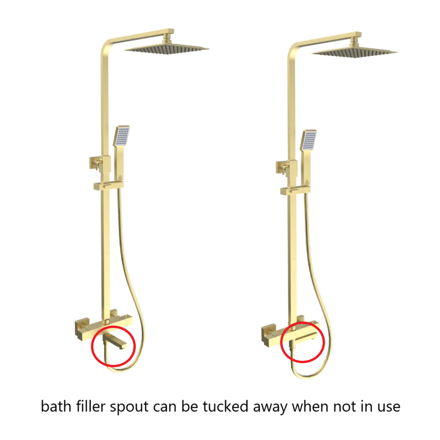 Brushed Brass Square Thermostatic Bar Bath Mixer Shower Set with Bath Filler Spout  Slide Rail Kit & Hand Shower - Zana