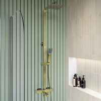 ONLY OPENED - Brushed Brass Square Thermostatic Bar Bath Mixer Shower Set with Slide Rail Kit & Hand Shower - Zana