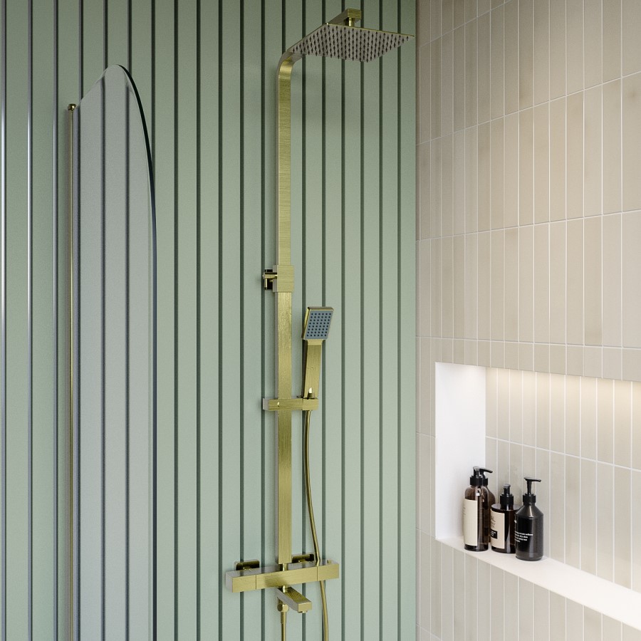 Brushed Brass Square Thermostatic Bar Bath Mixer Shower Set with Bath Filler Spout  Slide Rail Kit & Hand Shower - Zana
