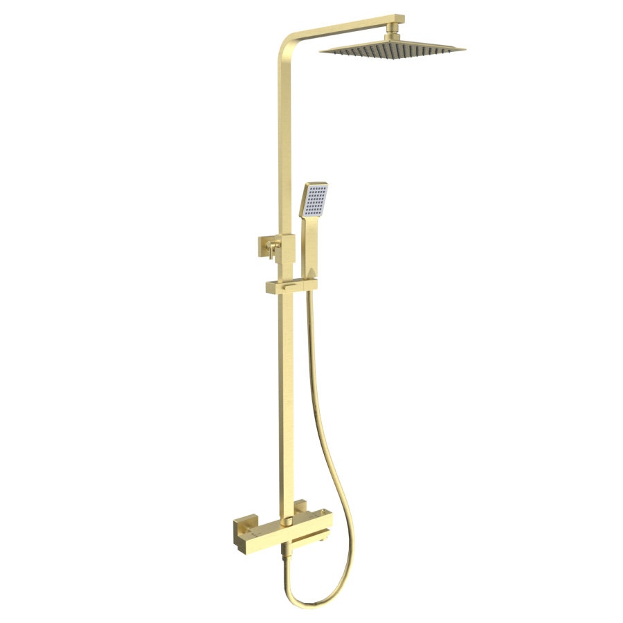 Brushed Brass Square Thermostatic Bar Bath Mixer Shower Set with Bath Filler Spout  Slide Rail Kit & Hand Shower - Zana