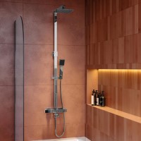 Chrome Square Thermostatic Bar Bath Mixer Shower Set with Bath Filler Spout Slide Rail Kit & Hand Shower - Zana Chrome Square Thermostatic Bar Bath Mixer Shower Set with Bath Filler Spout Slide Rail Kit & Hand Shower - Zana
