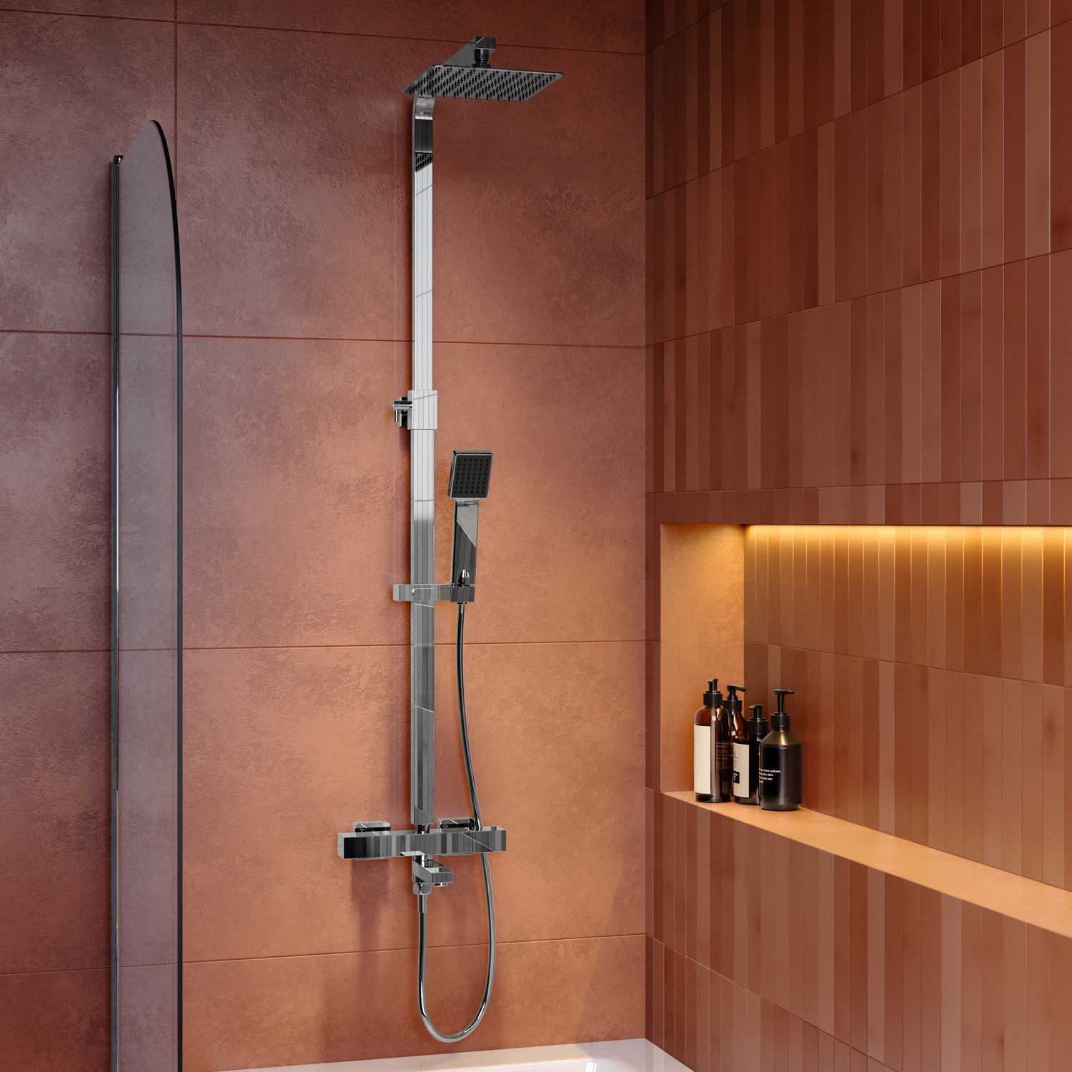 Zana Chrome Square Thermostatic Bar Bath Mixer Shower Set With Bath Filler Spout Slide Rail Kit & Hand Shower