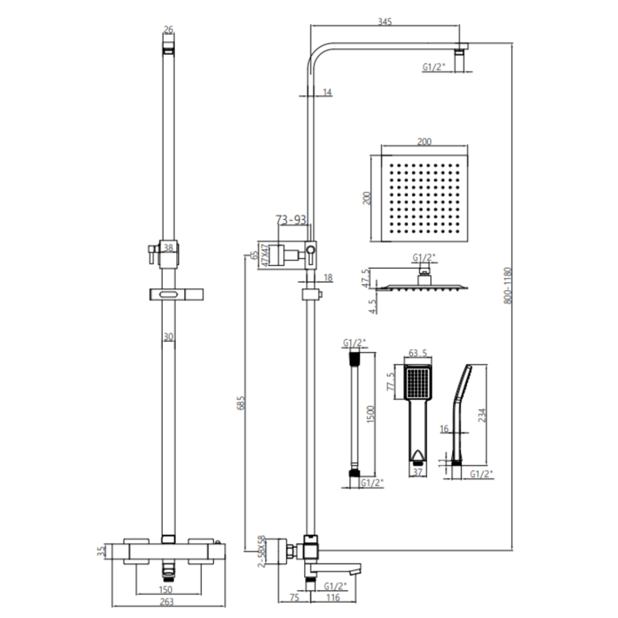 Chrome Square Thermostatic Bar Bath Mixer Shower Set with Bath Filler Spout Slide Rail Kit & Hand Shower - Zana
