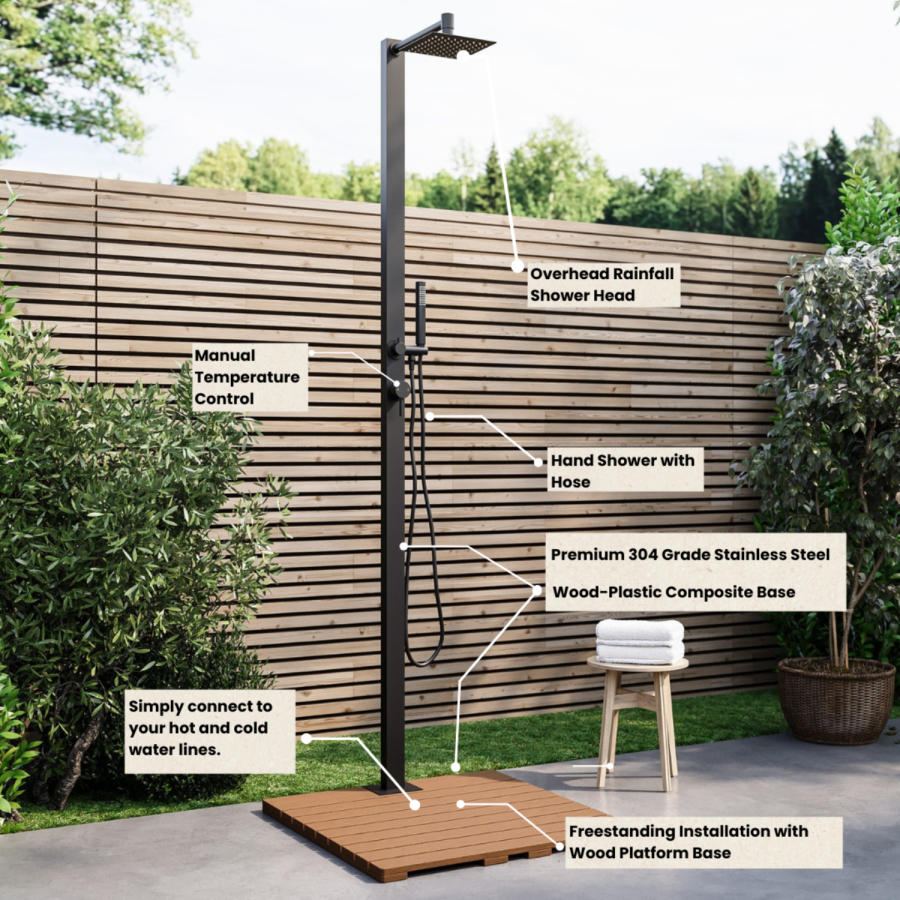 Black Thermostatic Mixer Outdoor 2 Outlets Shower Set with Wood Effect Base  - Zen