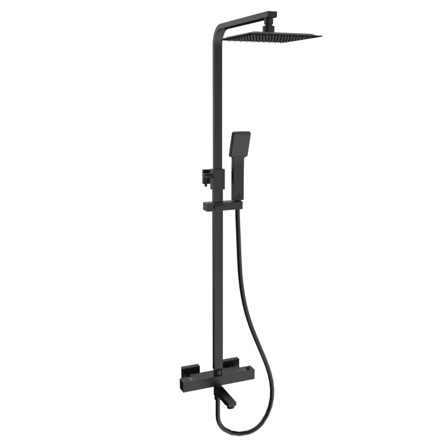Black Square Thermostatic Bar Bath Mixer Shower Set with Bath Filler Spout  Slide Rail Kit & Hand Shower - Zana