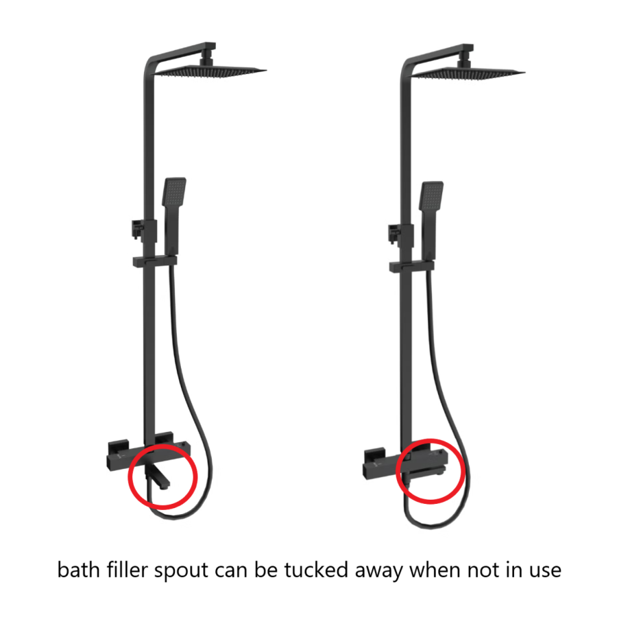 Black Square Thermostatic Bar Bath Mixer Shower Set with Bath Filler Spout  Slide Rail Kit & Hand Shower - Zana