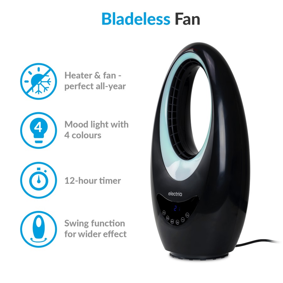 electriQ 2000W Bladeless Hot + Cold Fan Heater with Mood Light - Black