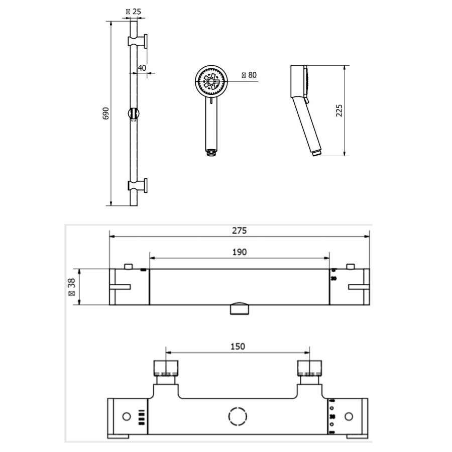 Thermostatic Bar Valve & Round Slide Rail Mixer Shower Kit