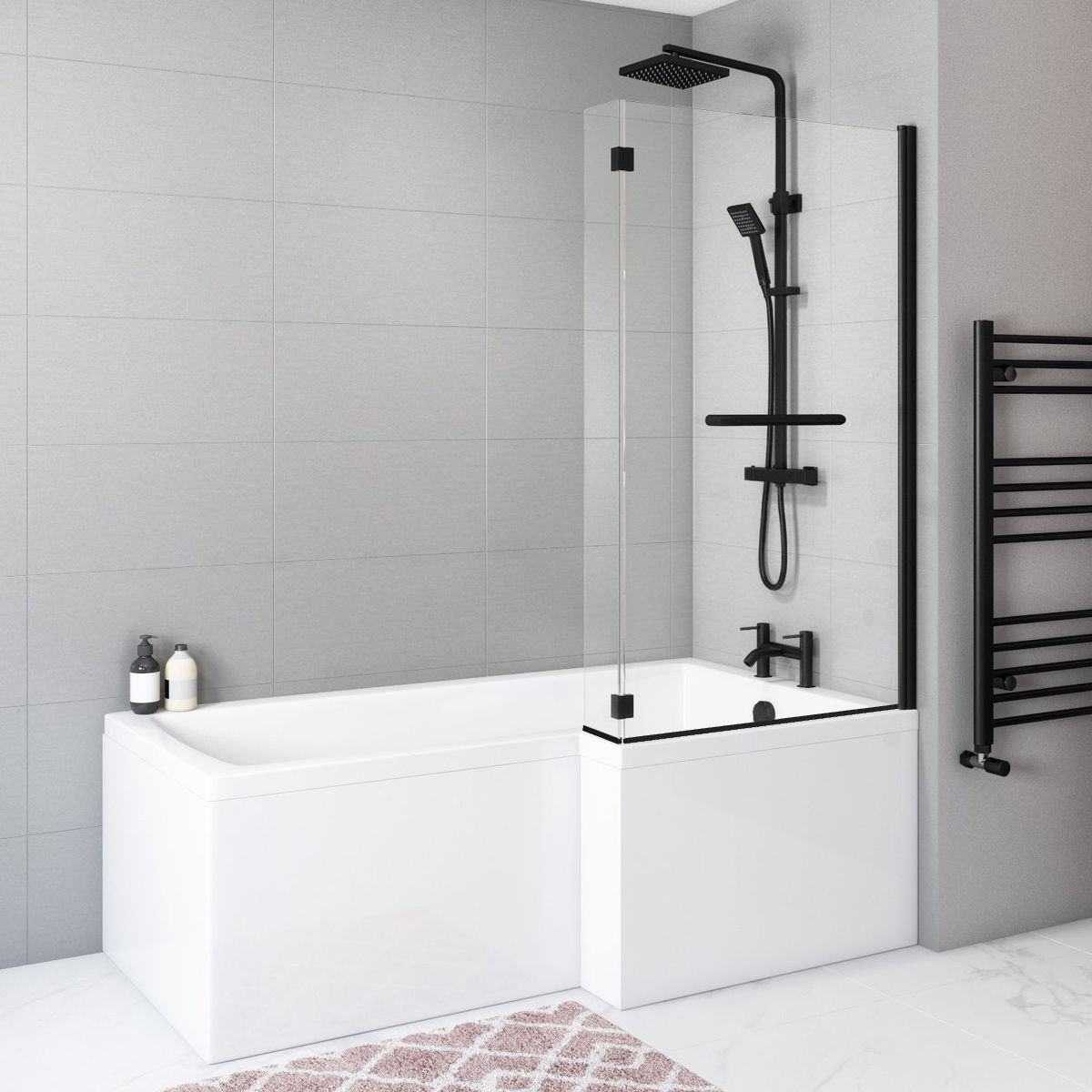 Modern bathroom with L shaped bath and black shower.