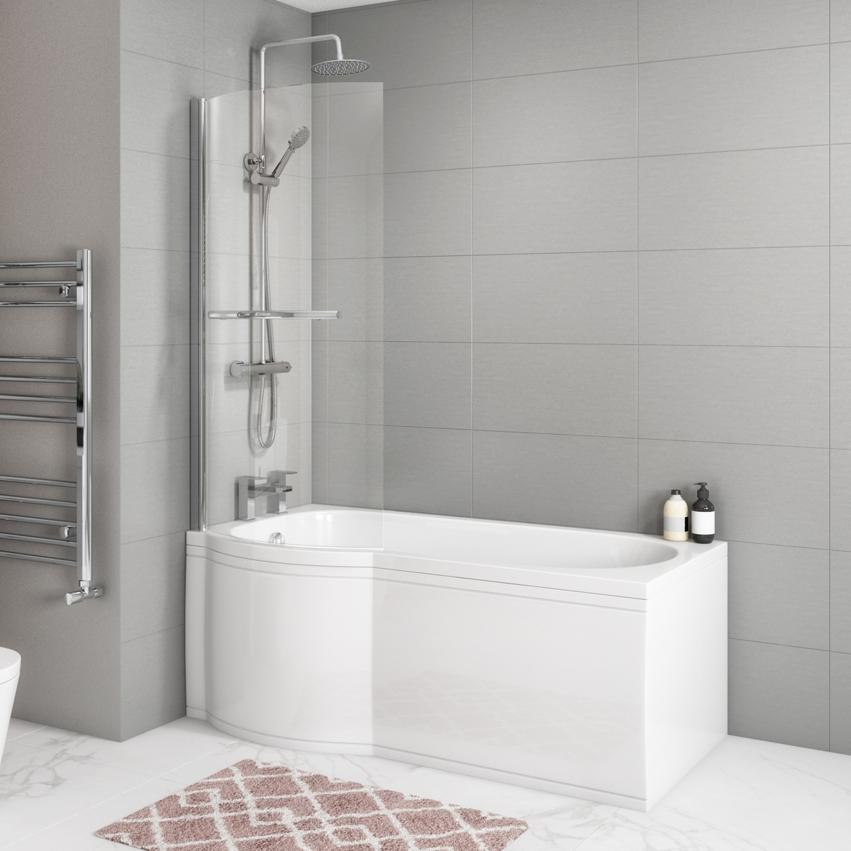 Modern styled bathroom with p shaped bath with chrome shower and chrome radiator.