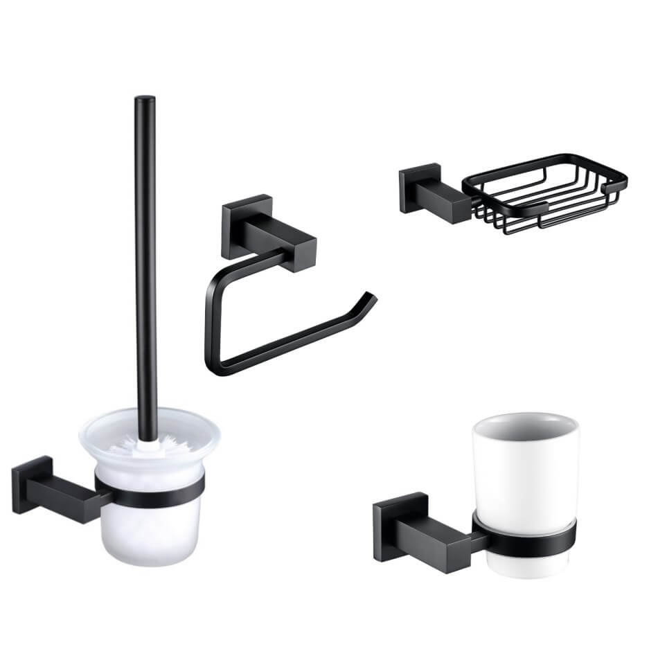 Black 4 piece bathroom accessory set featuring toilet brush and holder, toilet roll holder, soap dish and toothbrush holder..