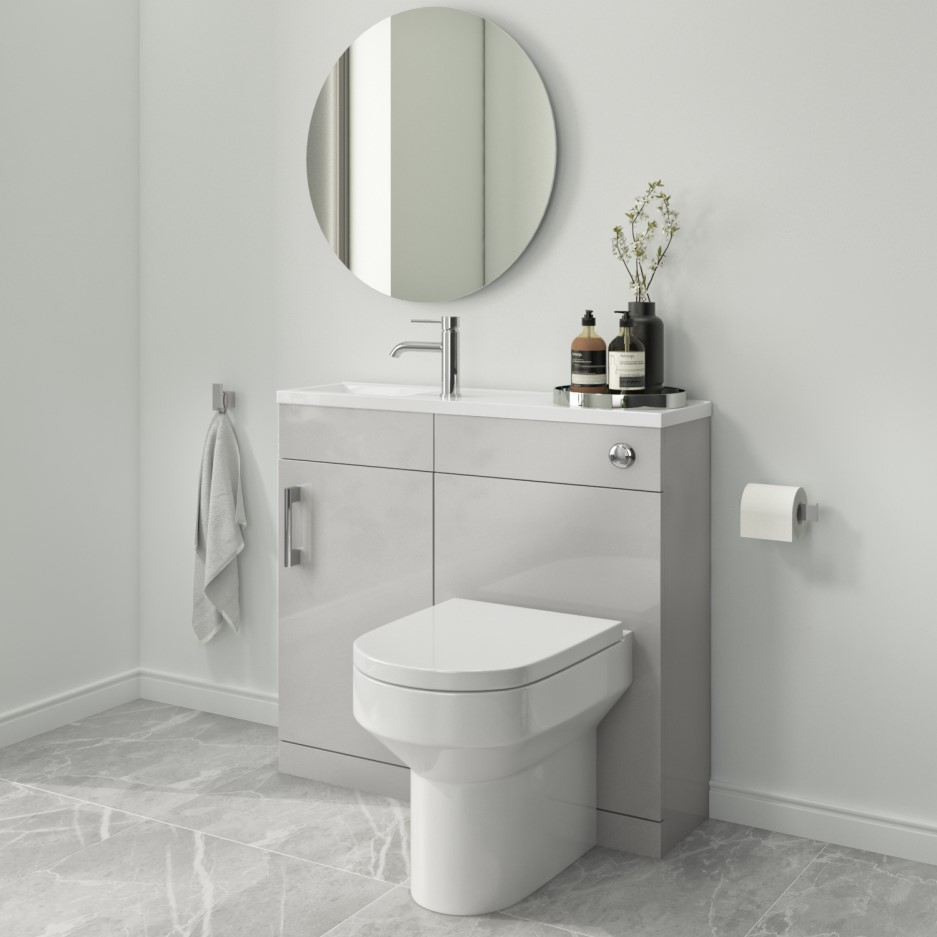 Grey Cloakroom Toilet and Sink Unit with Round Toilet and Chrome Fittings.