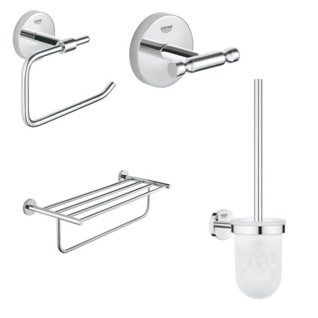 Grohe 4 piece bathroom accessory set featuring toilet brush, toilet roll holder, double robe hook & soap tray.