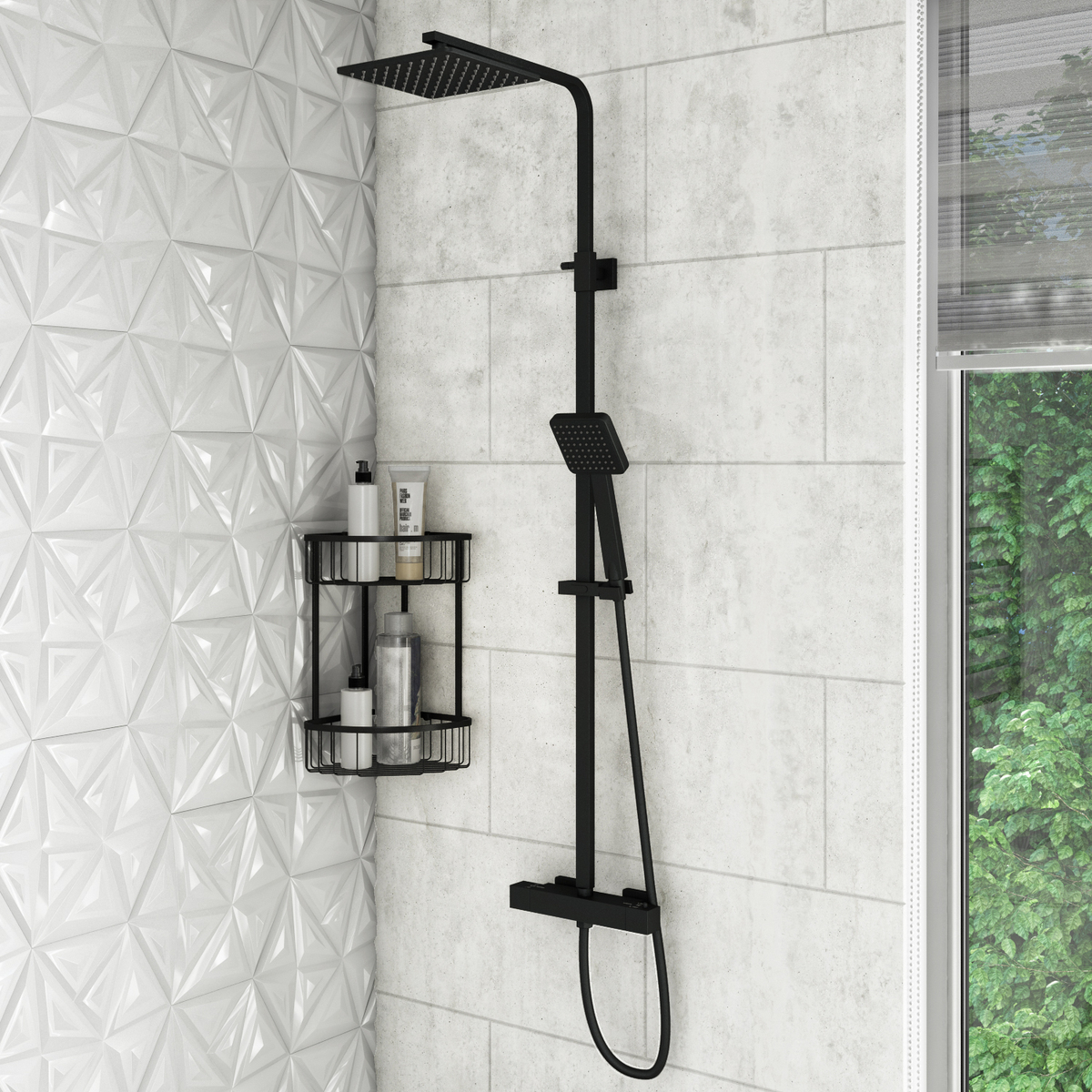 Modern bathroom styled with black thermostatic Shower and black wall mounted corner caddy.