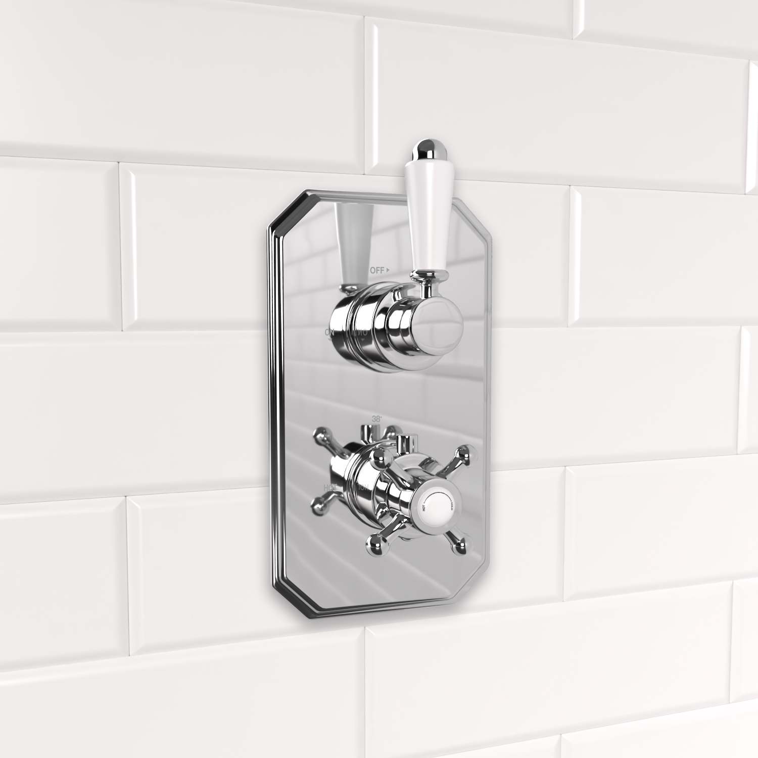 Traditional single outlet concealed shower valve.