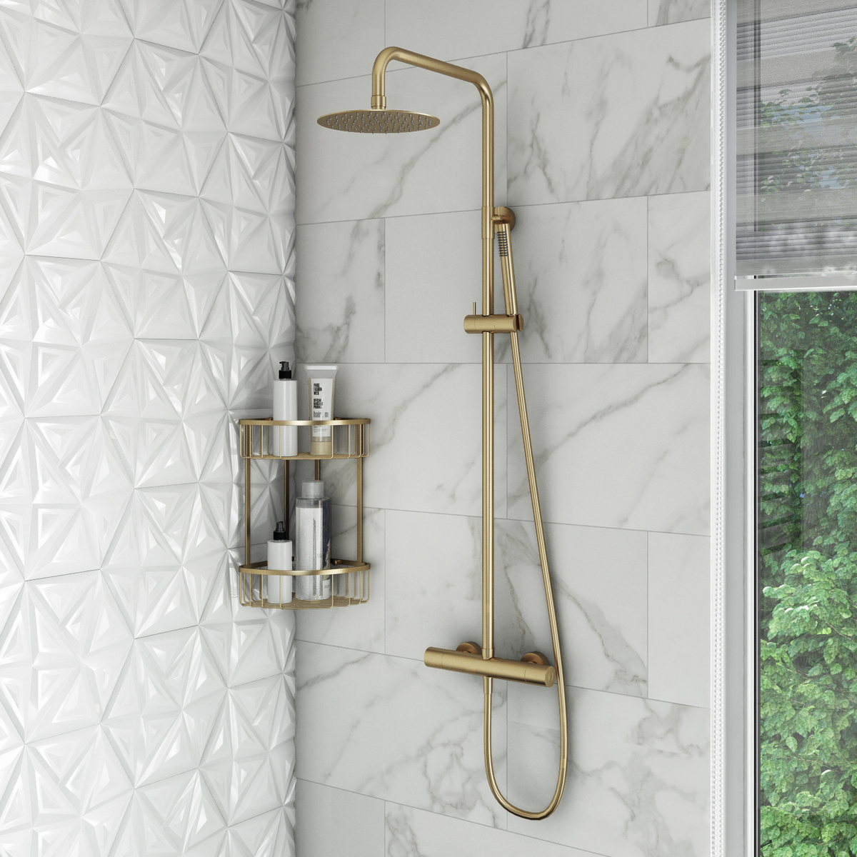 Modern bathroom with brass shower set with exposed valve and corner shower caddy.