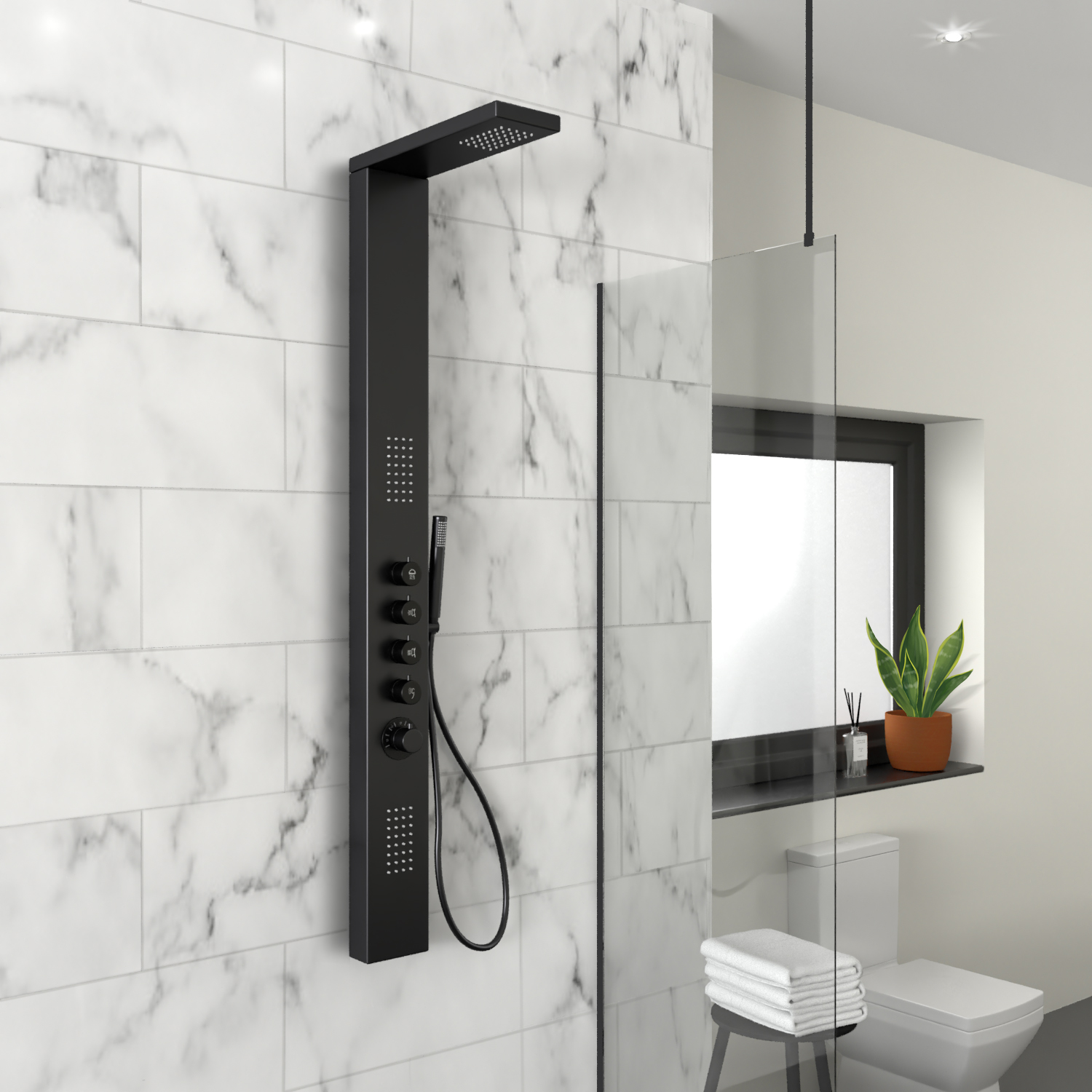 Modern bathroom with blac shower tower, glass shower panel and white modern toilet.
