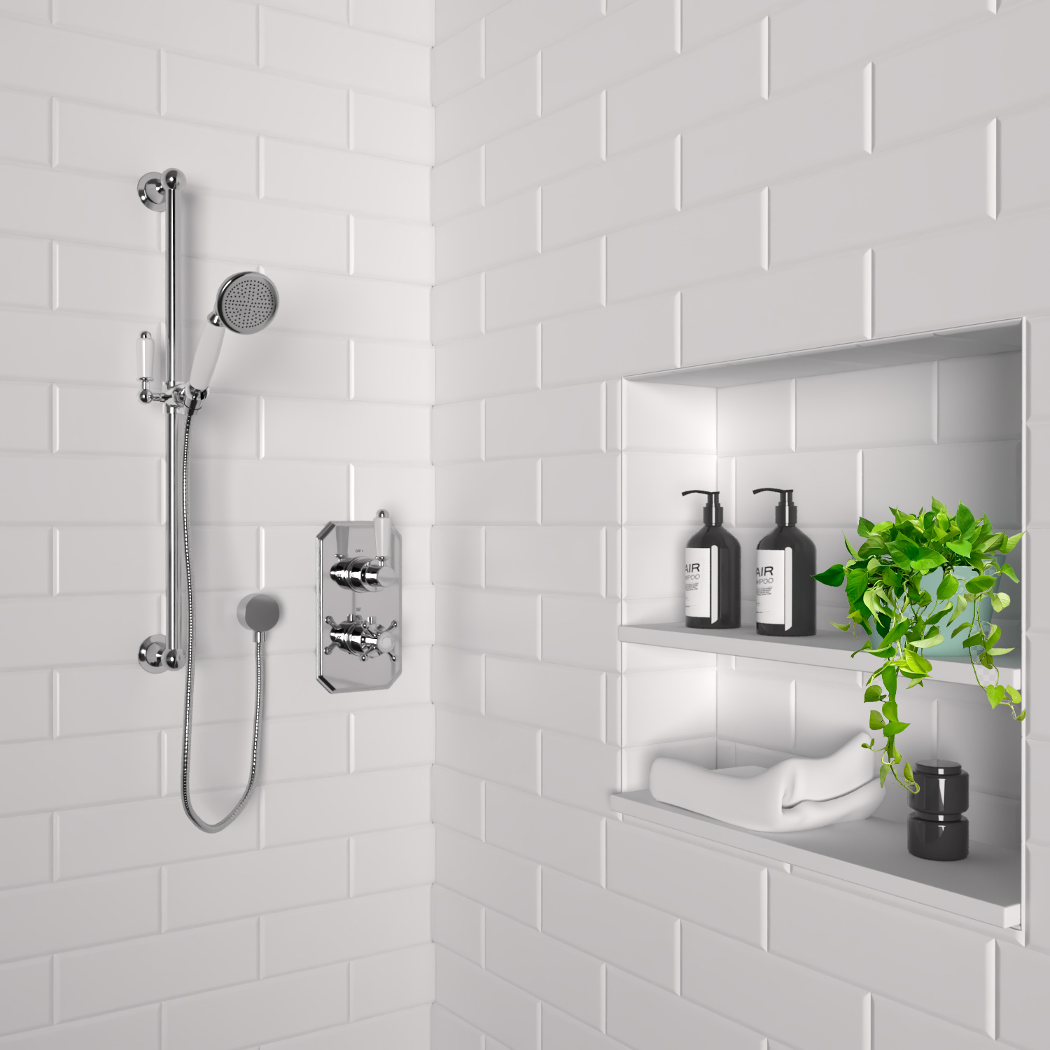 Shower with ceiling fixed shower head and slide rail kit.