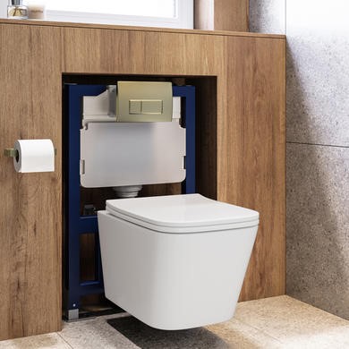 Wall Hung Toilet Soft Close Seat Pneumatic Brushed Brass Flush Plate 820mm Frame & Cistern