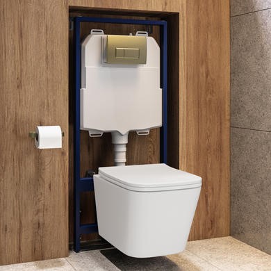 Wall Hung Toilet Soft Close Seat Pneumatic Brushed Brass Flush Plate 1168mm Frame & Cistern
