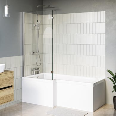 L Shaped Shower Bath Front Panel & Chrome Bath Screen Left hand 1500 x 850mm