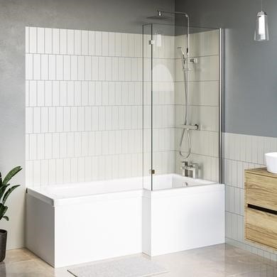 L Shaped Shower Bath Front Panel & Chrome Bath Screen Right Hand 1700 x 850mm