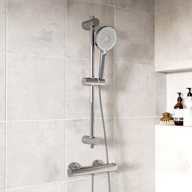 Chrome Thermostatic Round Bar Mixer Shower Set Slide Rail Kit
