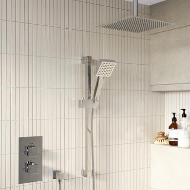 Chrome 2 Outlet Ceiling Mounted Thermostatic Mixer Shower Set Hand Shower