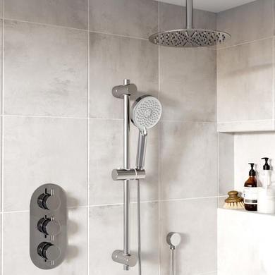 Chrome 2 Outlet Ceiling Mounted Thermostatic Mixer Shower Set Hand Shower