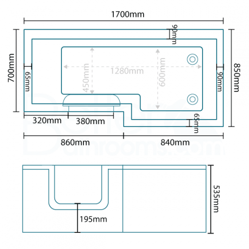 1700 x 800 x 700 Solarna L Shape Walk In Shower Bath