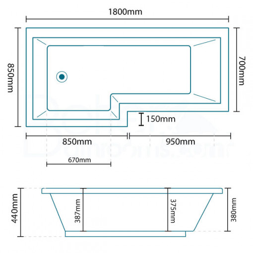 1800 x 850 Left Hand LShaped Shower Bath