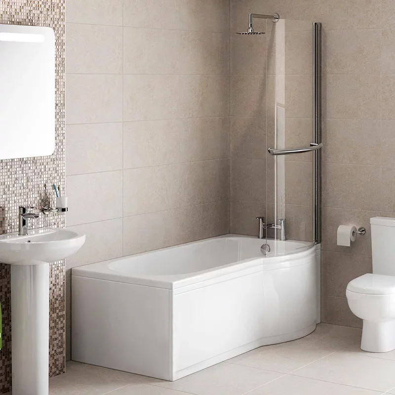 Modern 1500 x 850 Right Hand PShaped Shower Bath with 6mm Curved Screen