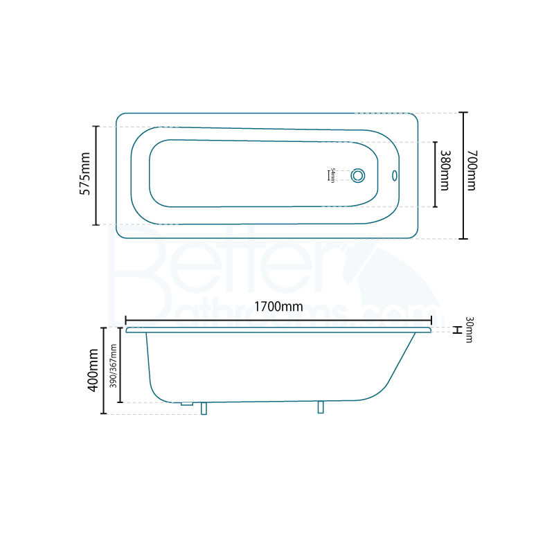 1700 x 700 Steel Bath with Tap Holes