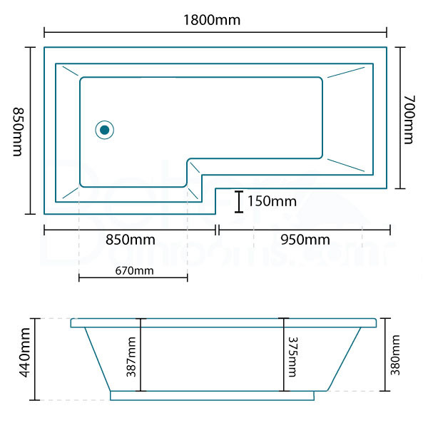 1800 x 850 Left Hand L-Shaped Shower Bath