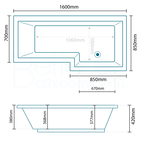 1600 x 850 Right Hand L-Shaped Shower Bath