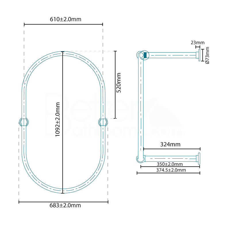 Chrome 640 x 350 x 1140mm Shower Curtain Ring