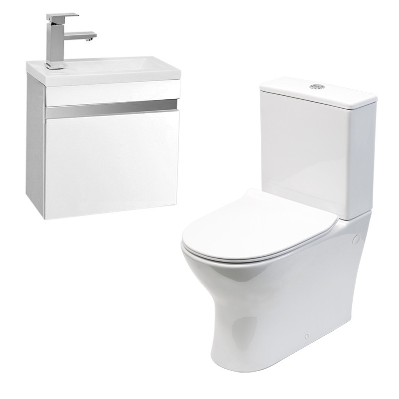 Vigo 420mm Wall Mounted White Vanity Unit With Indiana Short Vigo 420mm Wall Mounted White Vanity Unit With Indiana Short Projection Toilet Seat