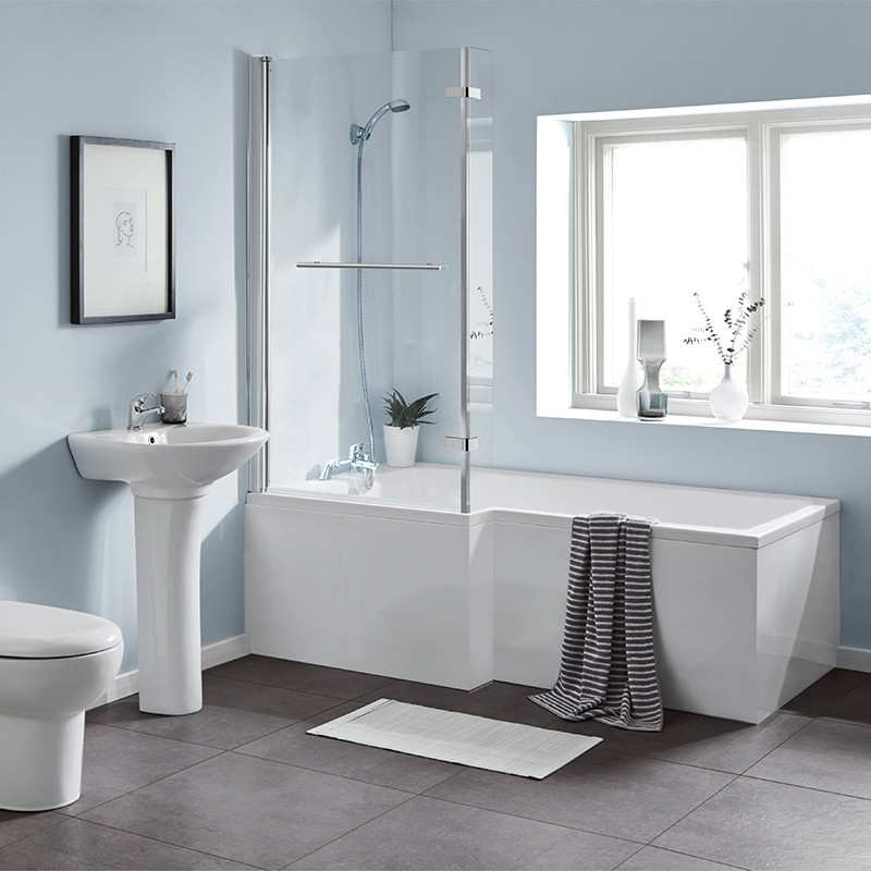 L Shaped 1700 Left Hand Bath and Hinged Screen with Towel Rail