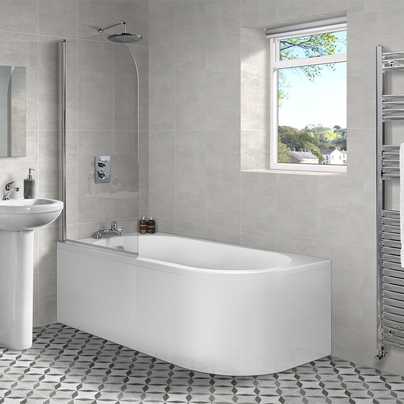 Portland 1700 x 725 J Shaped Left Hand Bath with Front Panel and Curved