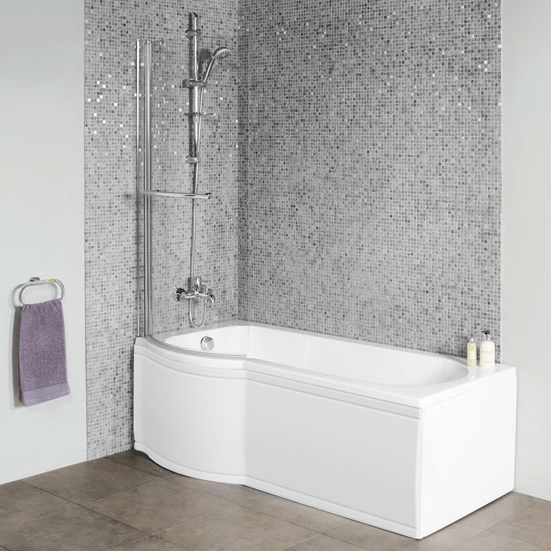 Dee 1600 x 800 Left Hand PShaped Shower Bath with Curved 6mm Screen