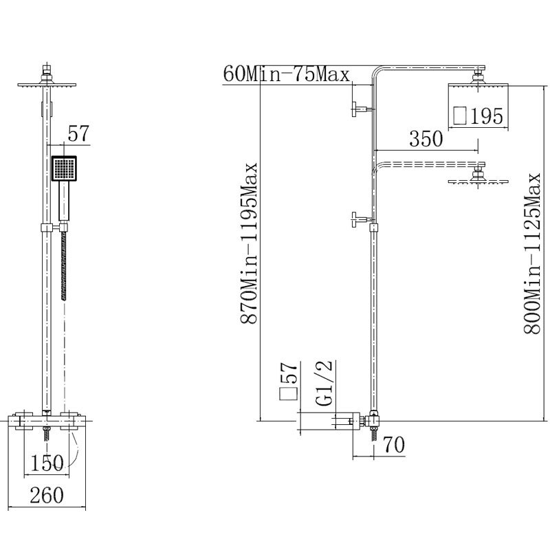 Deluxe Square Riser Slide Shower Rail Kit with Valve