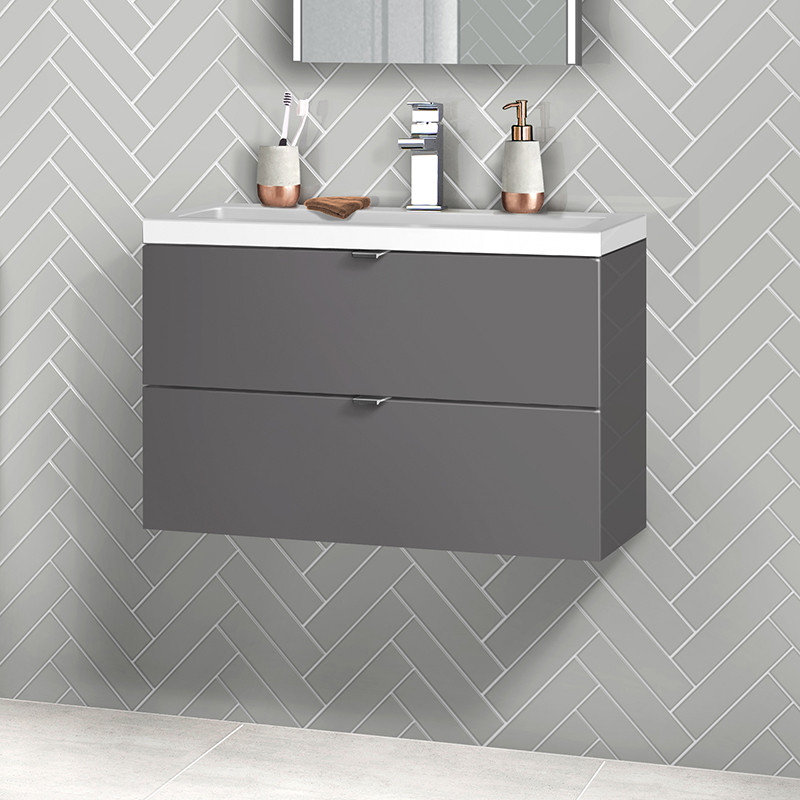Austin 800mm Grey Gloss Wall Hung Two Drawer Vanity Unit