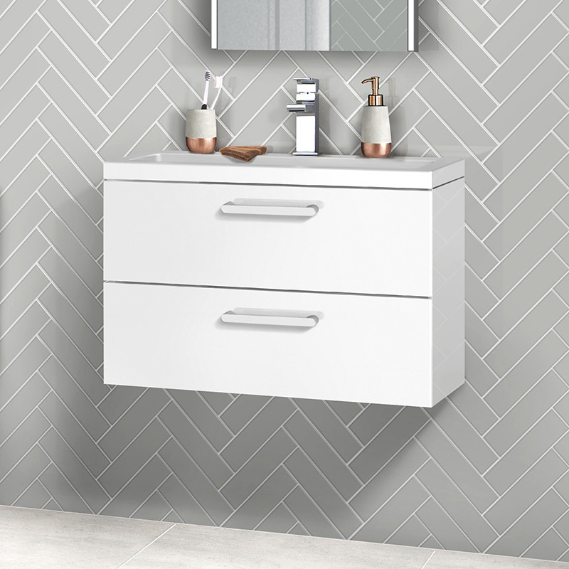 Austin 800mm White Gloss Wall Hung Two Drawer Vanity Unit